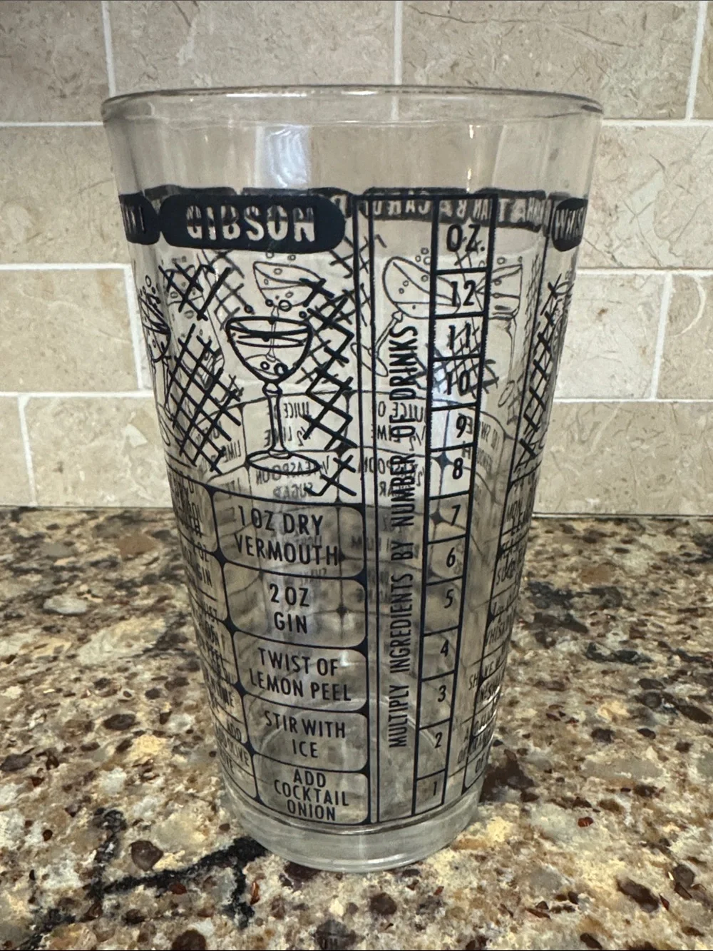 Vintage 70s Classic Cocktail Recipe Mixing Glass - Black Print